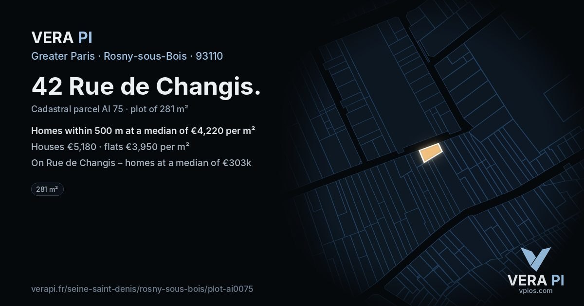42 Rue de Changis, Rosny-sous-Bois at night – the plot lit, the parcels around coloured by the prices near them
