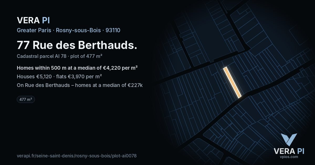 77 Rue des Berthauds, Rosny-sous-Bois at night – the plot lit, the parcels around coloured by the prices near them