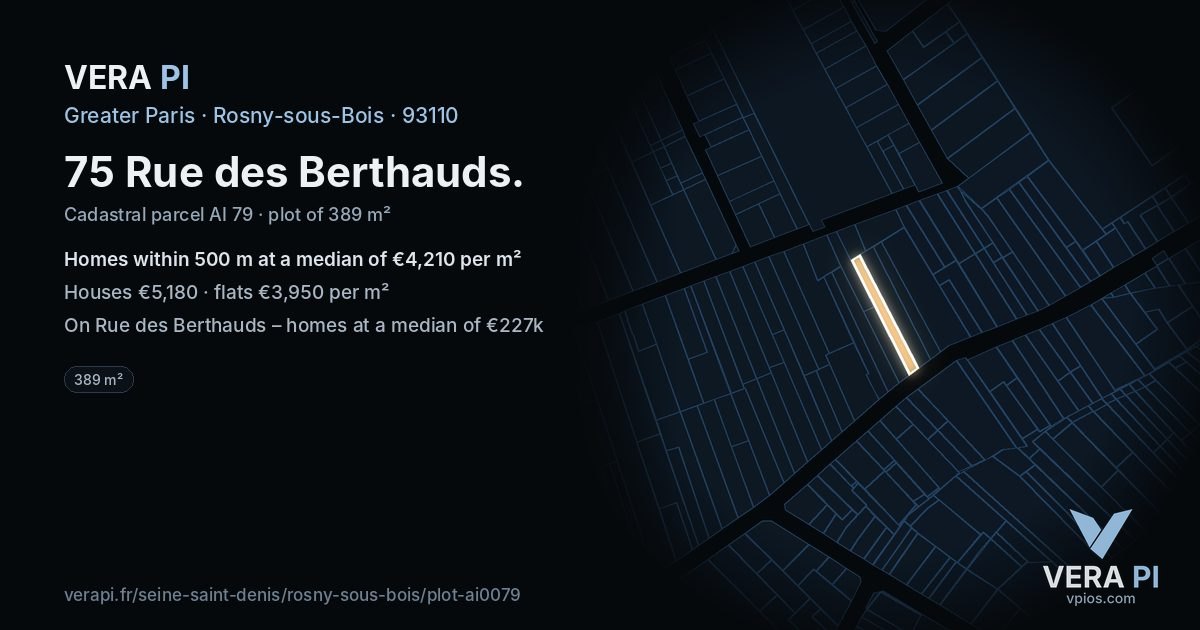 75 Rue des Berthauds, Rosny-sous-Bois at night – the plot lit, the parcels around coloured by the prices near them
