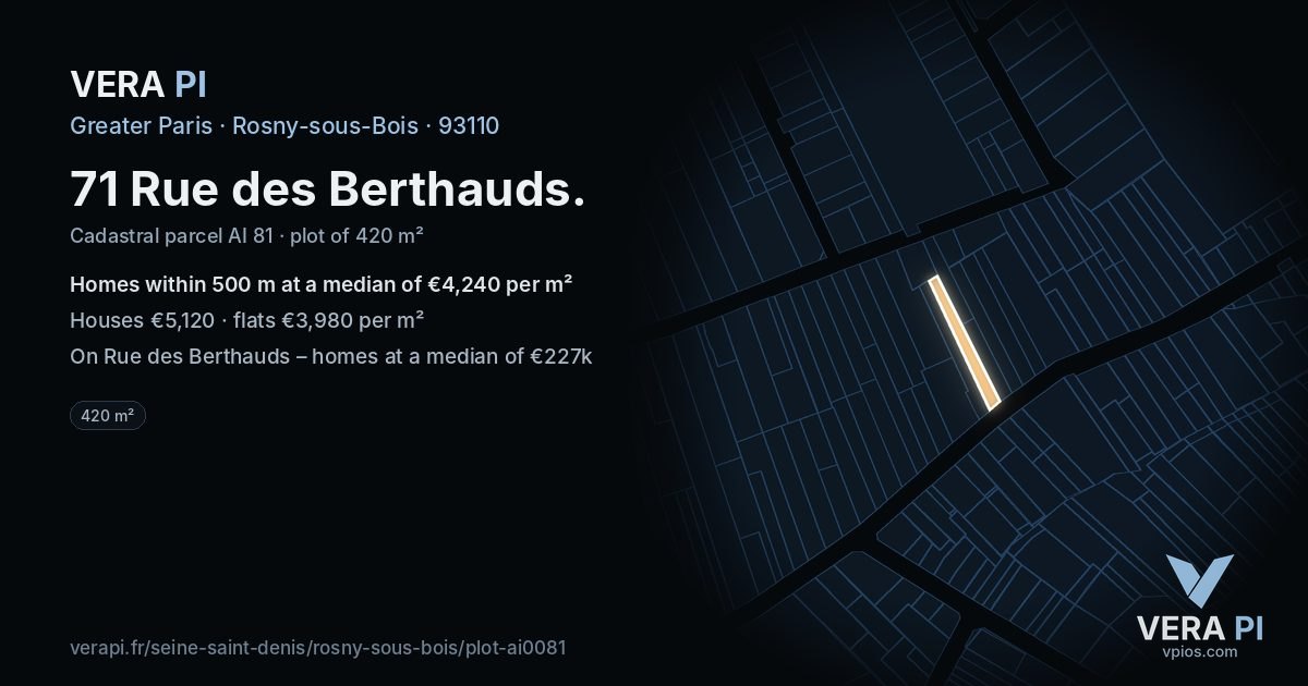 71 Rue des Berthauds, Rosny-sous-Bois at night – the plot lit, the parcels around coloured by the prices near them