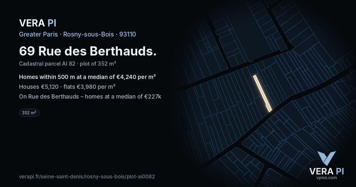 69 Rue des Berthauds, Rosny-sous-Bois at night – the plot lit, the parcels around coloured by the prices near them