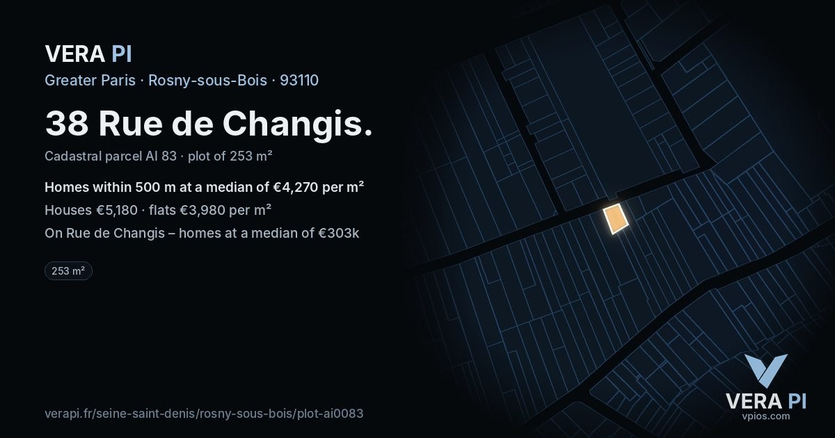38 Rue de Changis, Rosny-sous-Bois at night – the plot lit, the parcels around coloured by the prices near them