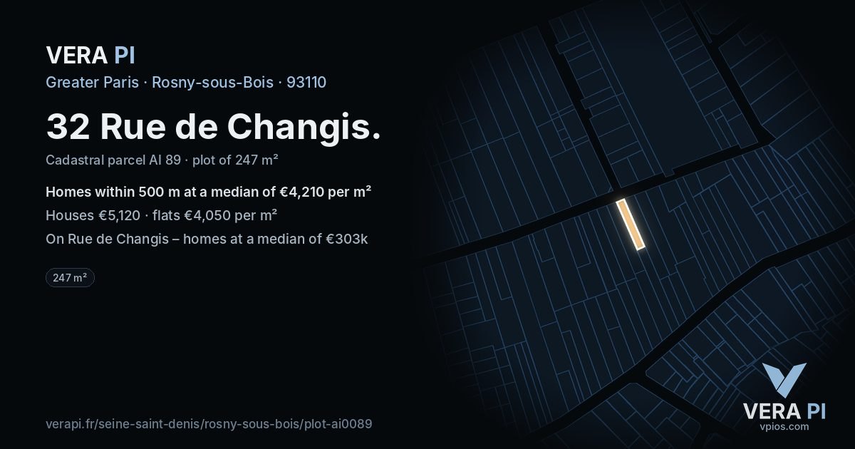 32 Rue de Changis, Rosny-sous-Bois at night – the plot lit, the parcels around coloured by the prices near them