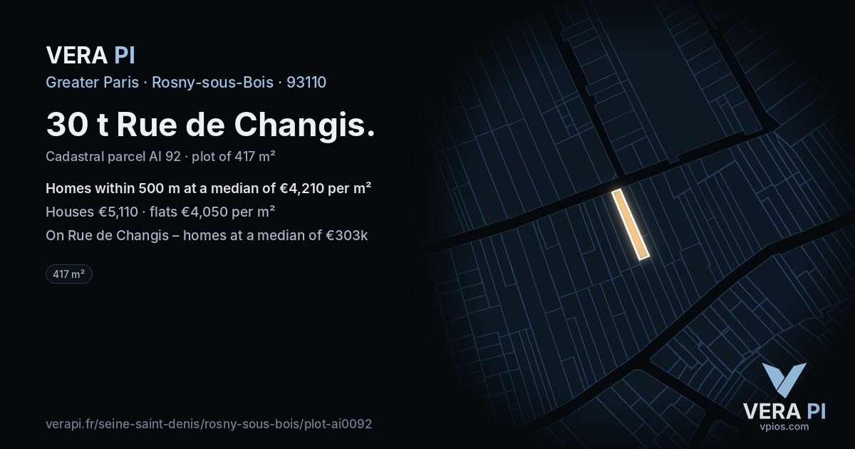 30 t Rue de Changis, Rosny-sous-Bois at night – the plot lit, the parcels around coloured by the prices near them