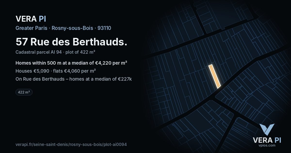 57 Rue des Berthauds, Rosny-sous-Bois at night – the plot lit, the parcels around coloured by the prices near them