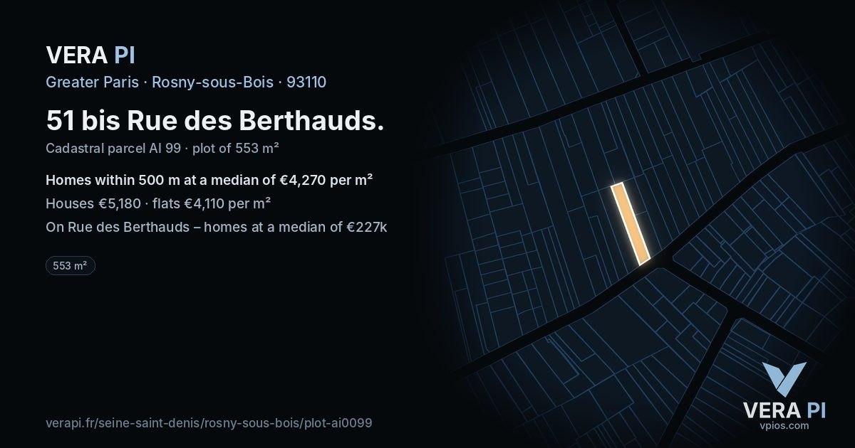 51 bis Rue des Berthauds, Rosny-sous-Bois at night – the plot lit, the parcels around coloured by the prices near them
