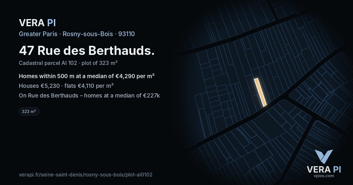 47 Rue des Berthauds, Rosny-sous-Bois at night – the plot lit, the parcels around coloured by the prices near them