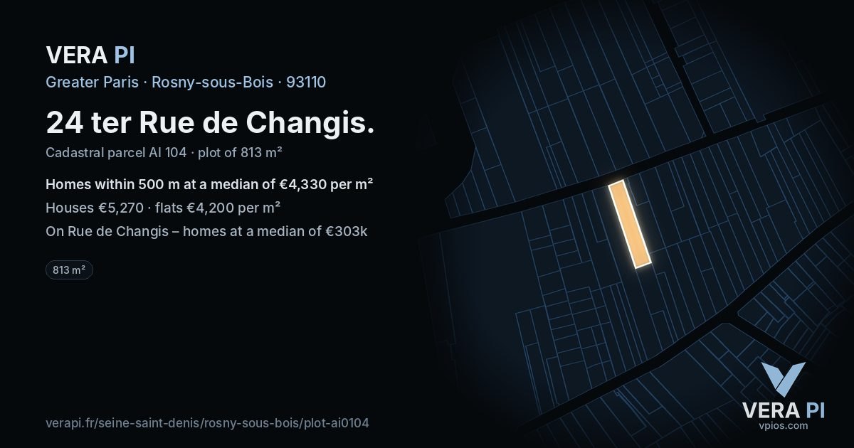 24 ter Rue de Changis, Rosny-sous-Bois at night – the plot lit, the parcels around coloured by the prices near them