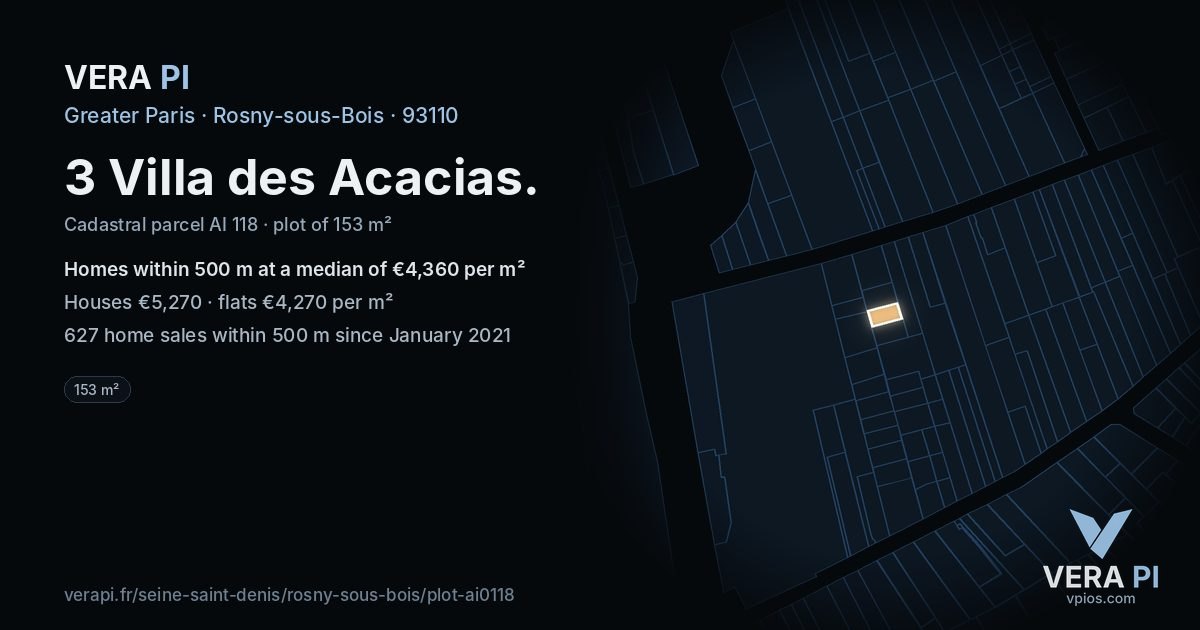 3 Villa des Acacias, Rosny-sous-Bois at night – the plot lit, the parcels around coloured by the prices near them
