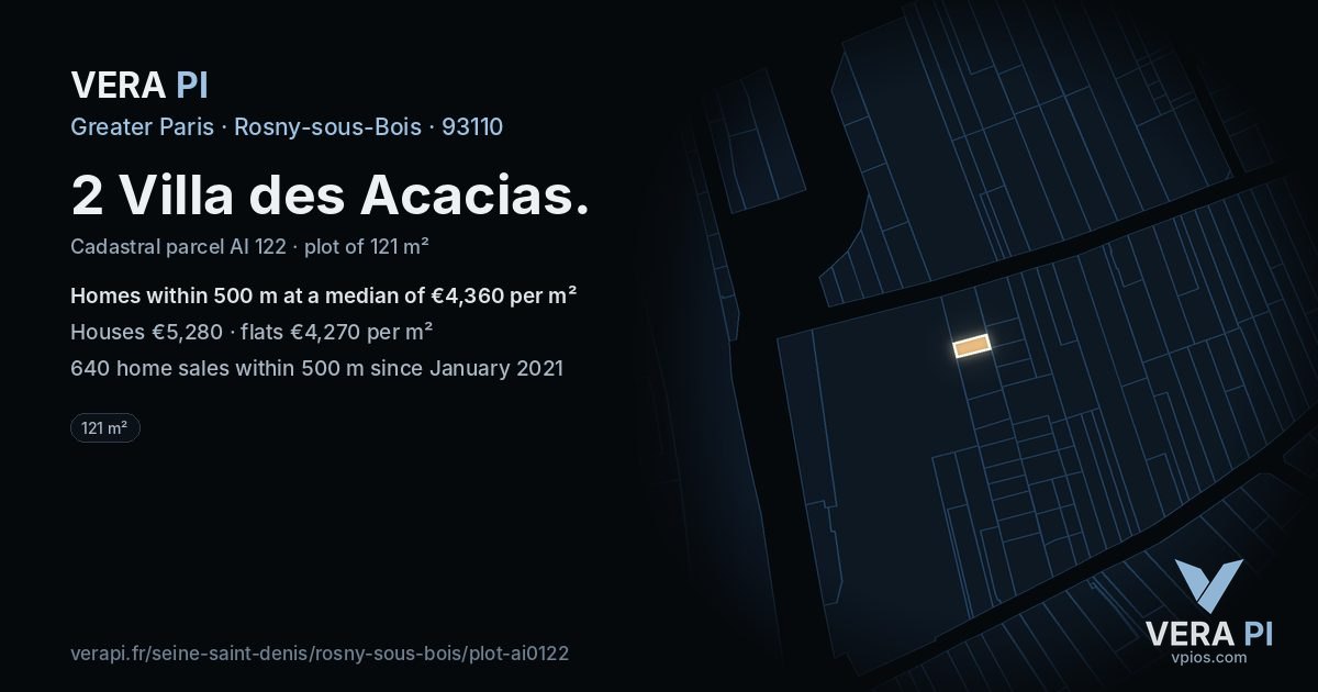 2 Villa des Acacias, Rosny-sous-Bois at night – the plot lit, the parcels around coloured by the prices near them