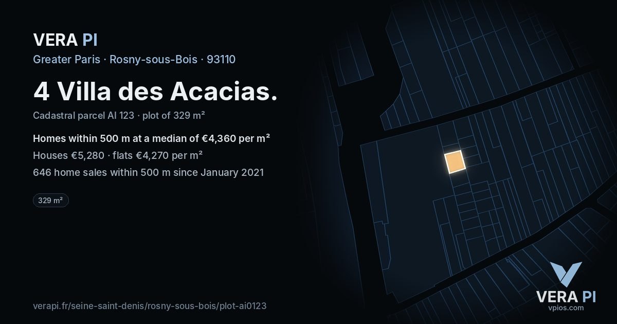 4 Villa des Acacias, Rosny-sous-Bois at night – the plot lit, the parcels around coloured by the prices near them