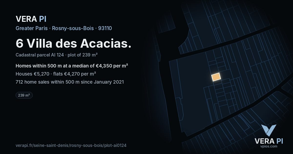 6 Villa des Acacias, Rosny-sous-Bois at night – the plot lit, the parcels around coloured by the prices near them