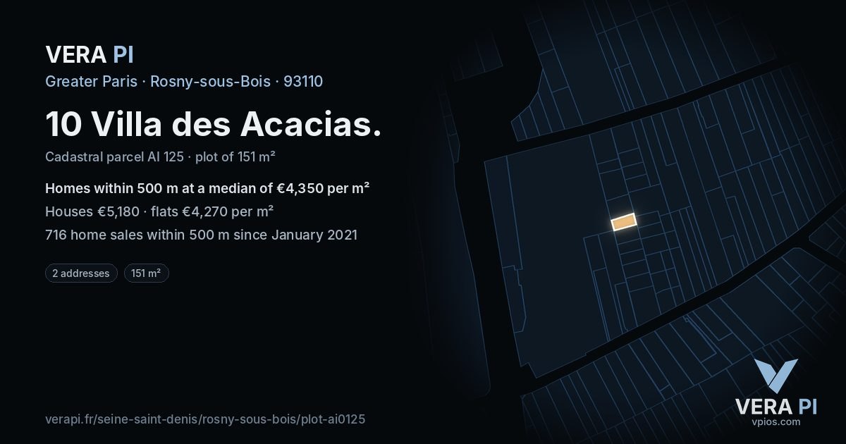 10 Villa des Acacias, Rosny-sous-Bois at night – the plot lit, the parcels around coloured by the prices near them