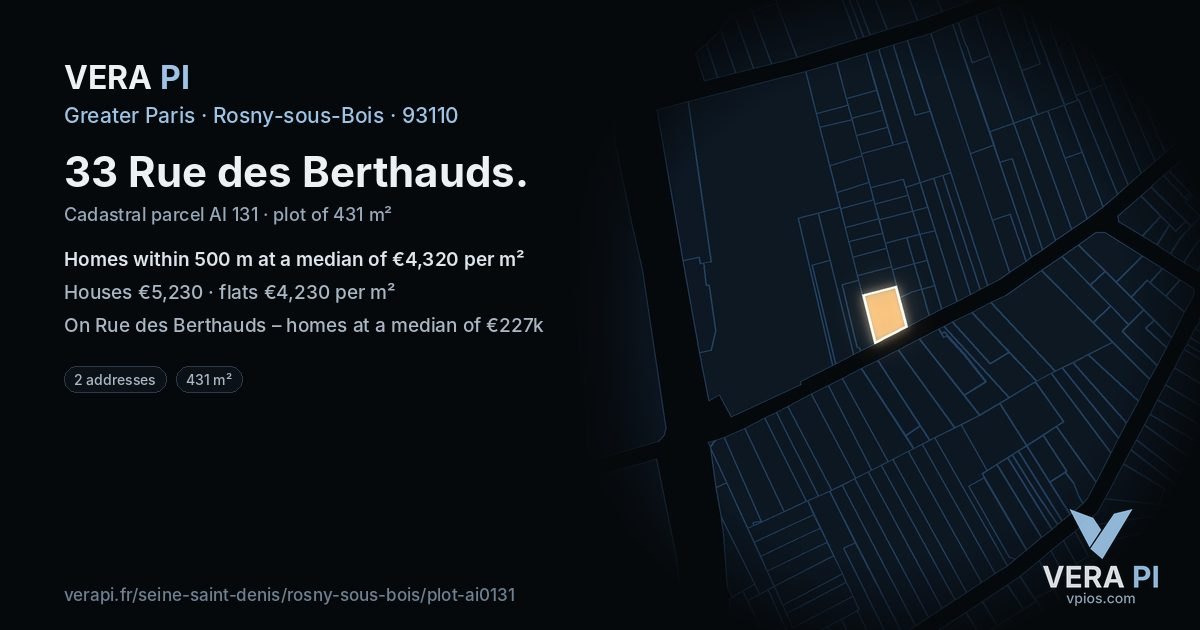 33 Rue des Berthauds, Rosny-sous-Bois at night – the plot lit, the parcels around coloured by the prices near them