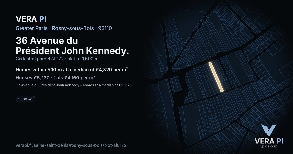 36 Avenue du Président John Kennedy, Rosny-sous-Bois at night – the plot lit, the parcels around coloured by the prices near them