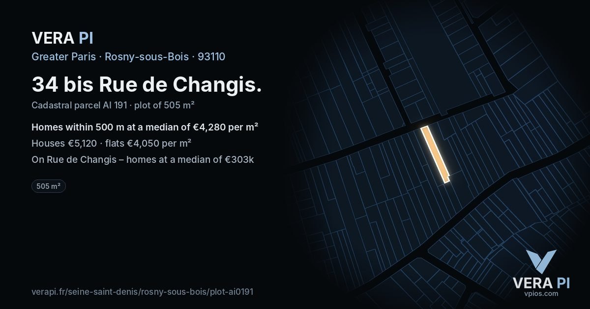 34 bis Rue de Changis, Rosny-sous-Bois at night – the plot lit, the parcels around coloured by the prices near them