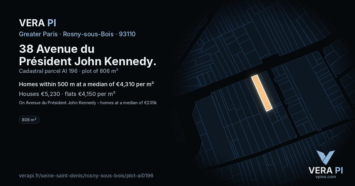 38 Avenue du Président John Kennedy, Rosny-sous-Bois at night – the plot lit, the parcels around coloured by the prices near them