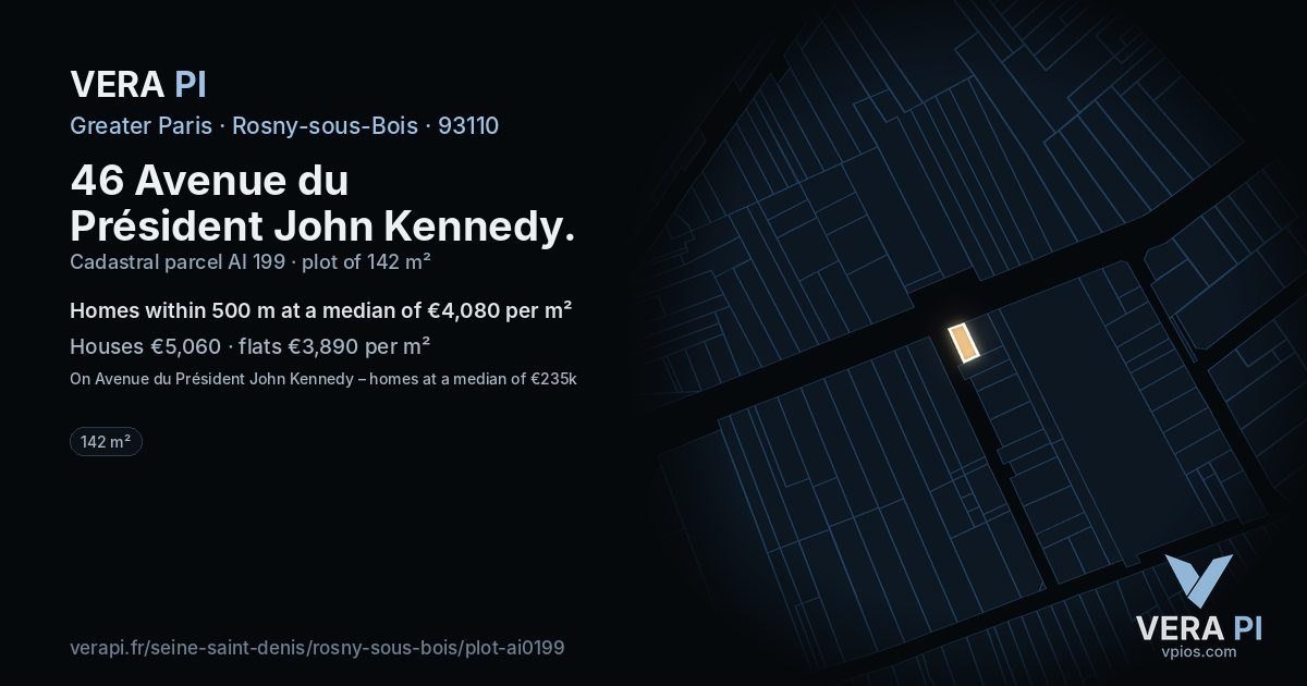 46 Avenue du Président John Kennedy, Rosny-sous-Bois at night – the plot lit, the parcels around coloured by the prices near them