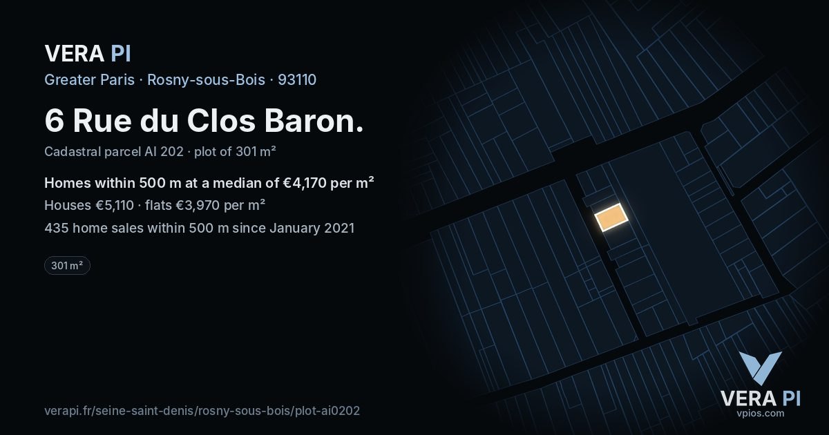 6 Rue du Clos Baron, Rosny-sous-Bois at night – the plot lit, the parcels around coloured by the prices near them
