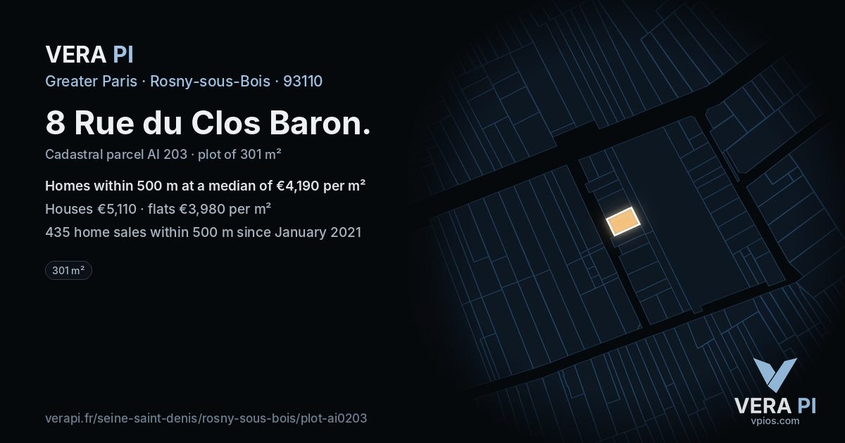 8 Rue du Clos Baron, Rosny-sous-Bois at night – the plot lit, the parcels around coloured by the prices near them