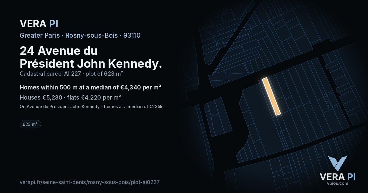 24 Avenue du Président John Kennedy, Rosny-sous-Bois at night – the plot lit, the parcels around coloured by the prices near them