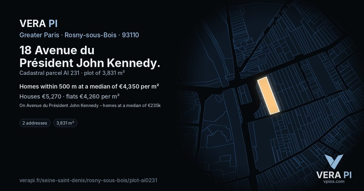 18 Avenue du Président John Kennedy, Rosny-sous-Bois at night – the plot lit, the parcels around coloured by the prices near them
