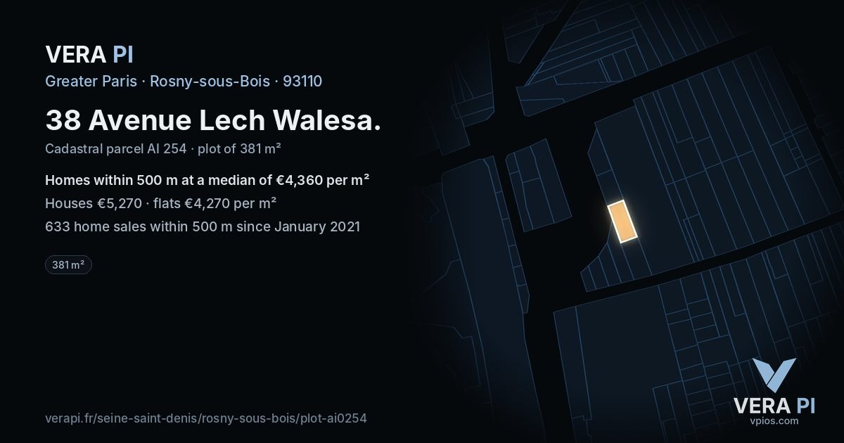 38 Avenue Lech Walesa, Rosny-sous-Bois at night – the plot lit, the parcels around coloured by the prices near them
