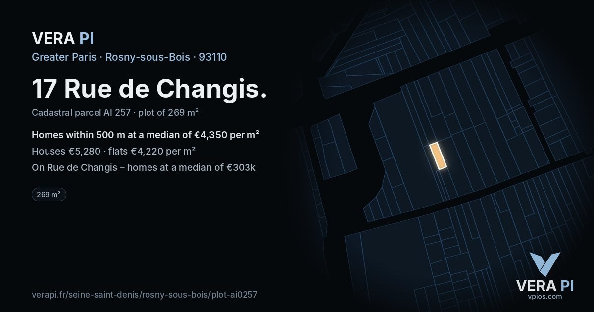 17 Rue de Changis, Rosny-sous-Bois at night – the plot lit, the parcels around coloured by the prices near them