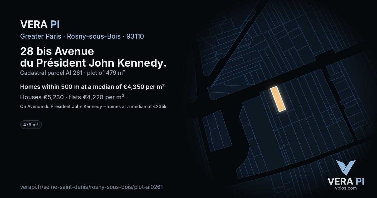 28 bis Avenue du Président John Kennedy, Rosny-sous-Bois at night – the plot lit, the parcels around coloured by the prices near them