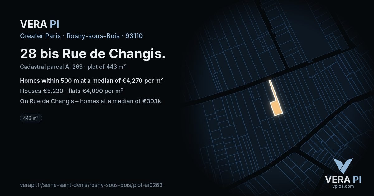 28 bis Rue de Changis, Rosny-sous-Bois at night – the plot lit, the parcels around coloured by the prices near them