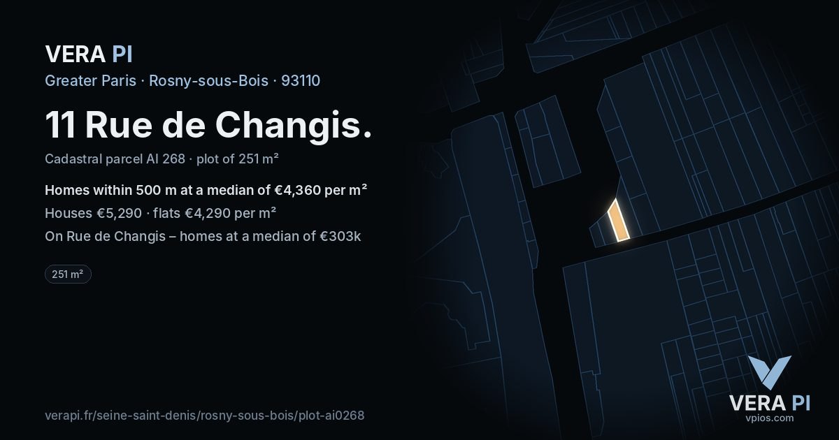 11 Rue de Changis, Rosny-sous-Bois at night – the plot lit, the parcels around coloured by the prices near them