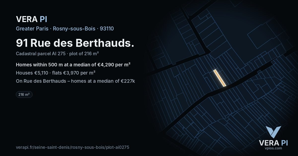 91 Rue des Berthauds, Rosny-sous-Bois at night – the plot lit, the parcels around coloured by the prices near them