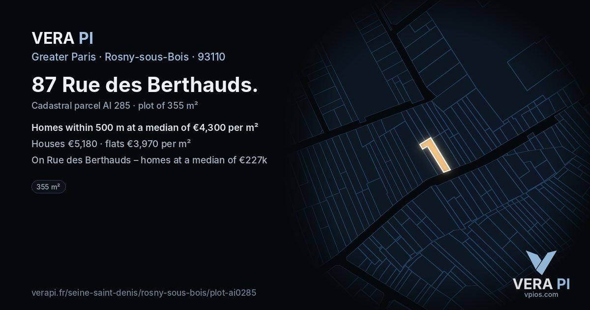 87 Rue des Berthauds, Rosny-sous-Bois at night – the plot lit, the parcels around coloured by the prices near them