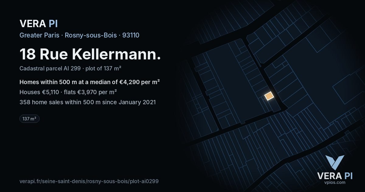 18 Rue Kellermann, Rosny-sous-Bois at night – the plot lit, the parcels around coloured by the prices near them