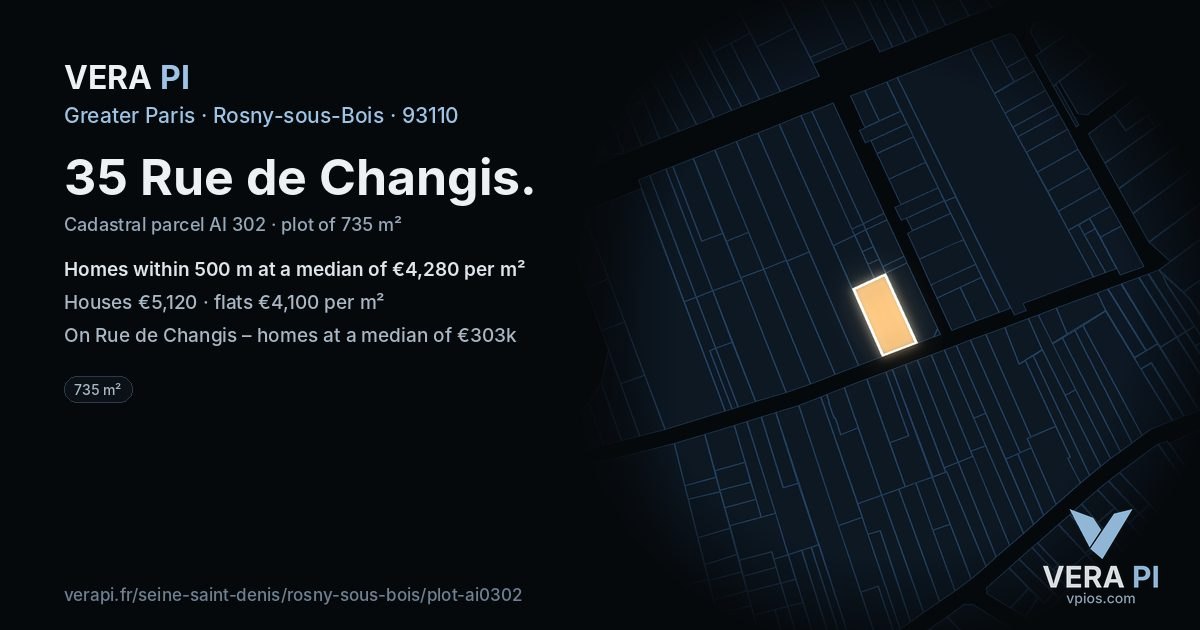 35 Rue de Changis, Rosny-sous-Bois at night – the plot lit, the parcels around coloured by the prices near them
