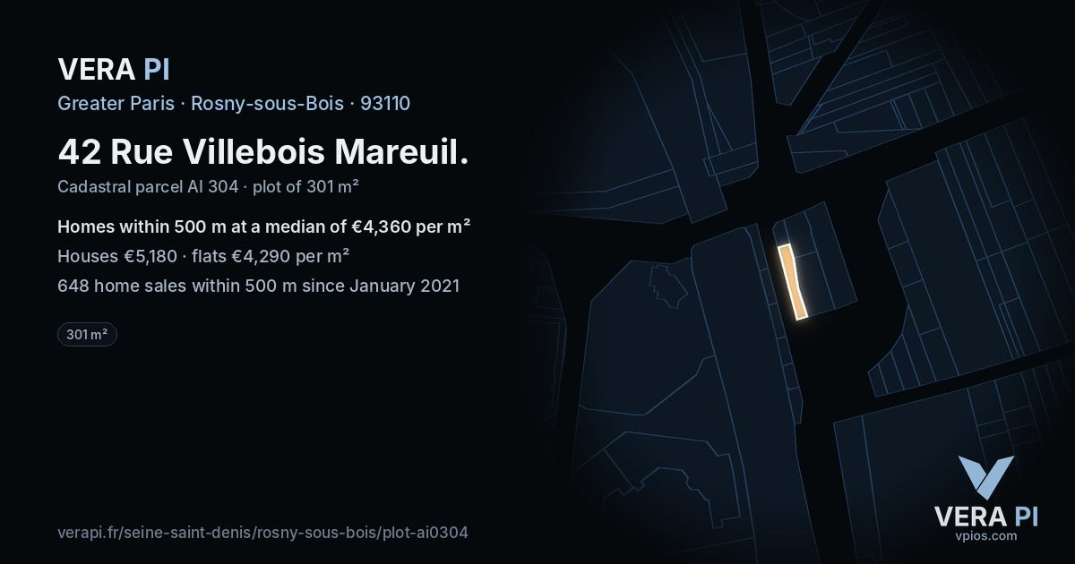 42 Rue Villebois Mareuil, Rosny-sous-Bois at night – the plot lit, the parcels around coloured by the prices near them