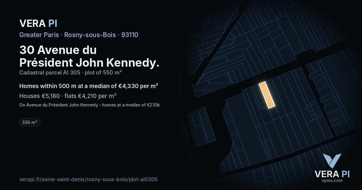 30 Avenue du Président John Kennedy, Rosny-sous-Bois at night – the plot lit, the parcels around coloured by the prices near them