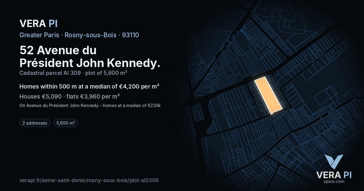 52 Avenue du Président John Kennedy, Rosny-sous-Bois at night – the plot lit, the parcels around coloured by the prices near them