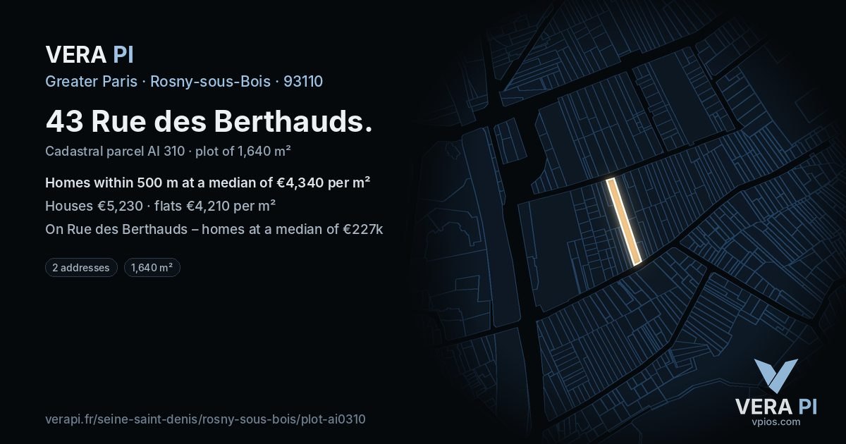 43 Rue des Berthauds, Rosny-sous-Bois at night – the plot lit, the parcels around coloured by the prices near them
