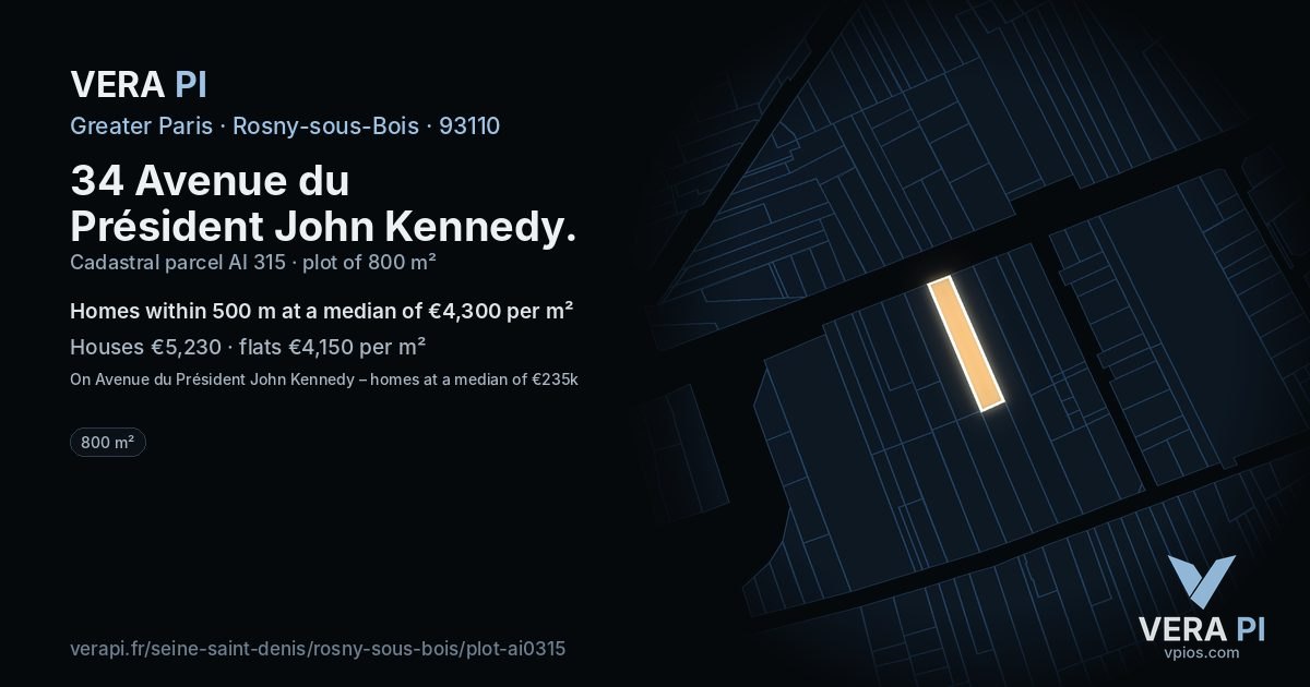 34 Avenue du Président John Kennedy, Rosny-sous-Bois at night – the plot lit, the parcels around coloured by the prices near them