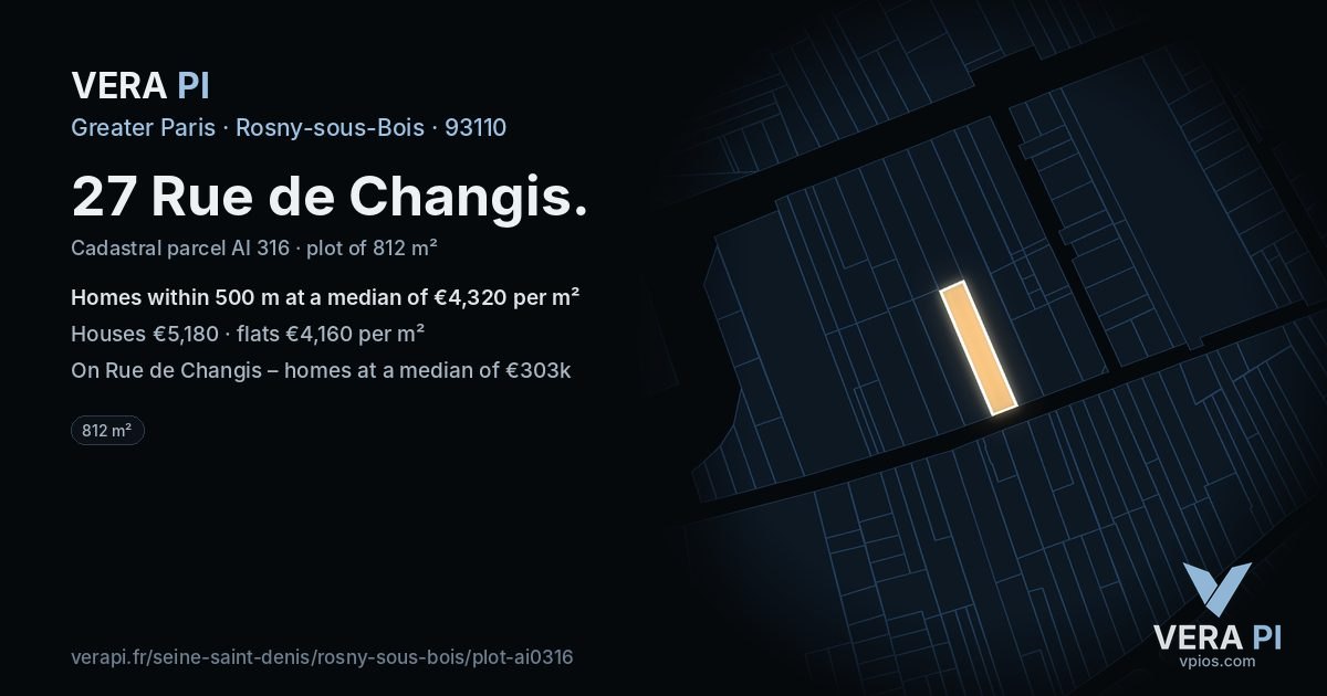 27 Rue de Changis, Rosny-sous-Bois at night – the plot lit, the parcels around coloured by the prices near them