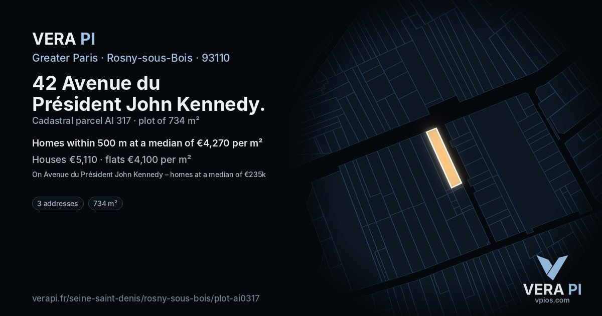 42 Avenue du Président John Kennedy, Rosny-sous-Bois at night – the plot lit, the parcels around coloured by the prices near them