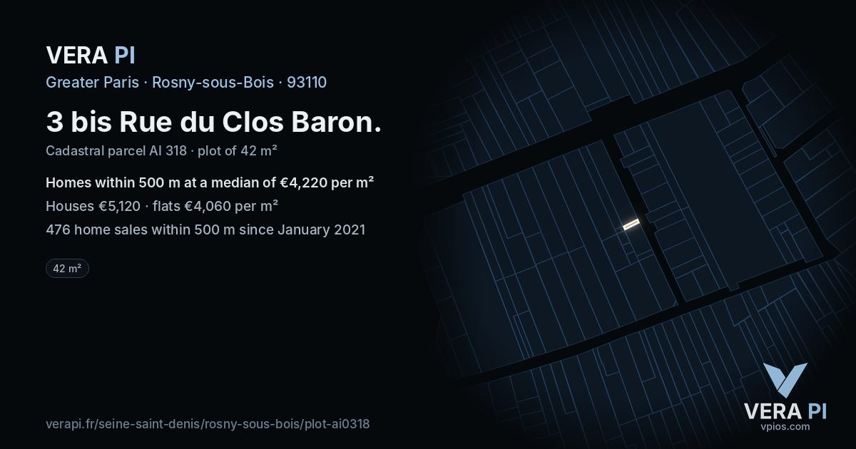 3 bis Rue du Clos Baron, Rosny-sous-Bois at night – the plot lit, the parcels around coloured by the prices near them