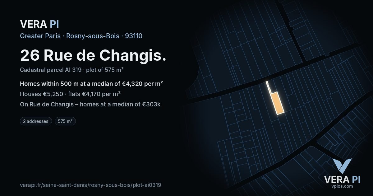 26 Rue de Changis, Rosny-sous-Bois at night – the plot lit, the parcels around coloured by the prices near them