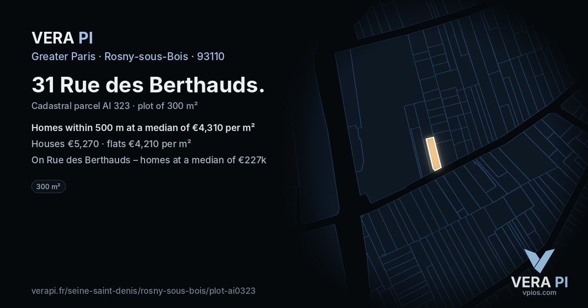 31 Rue des Berthauds, Rosny-sous-Bois at night – the plot lit, the parcels around coloured by the prices near them