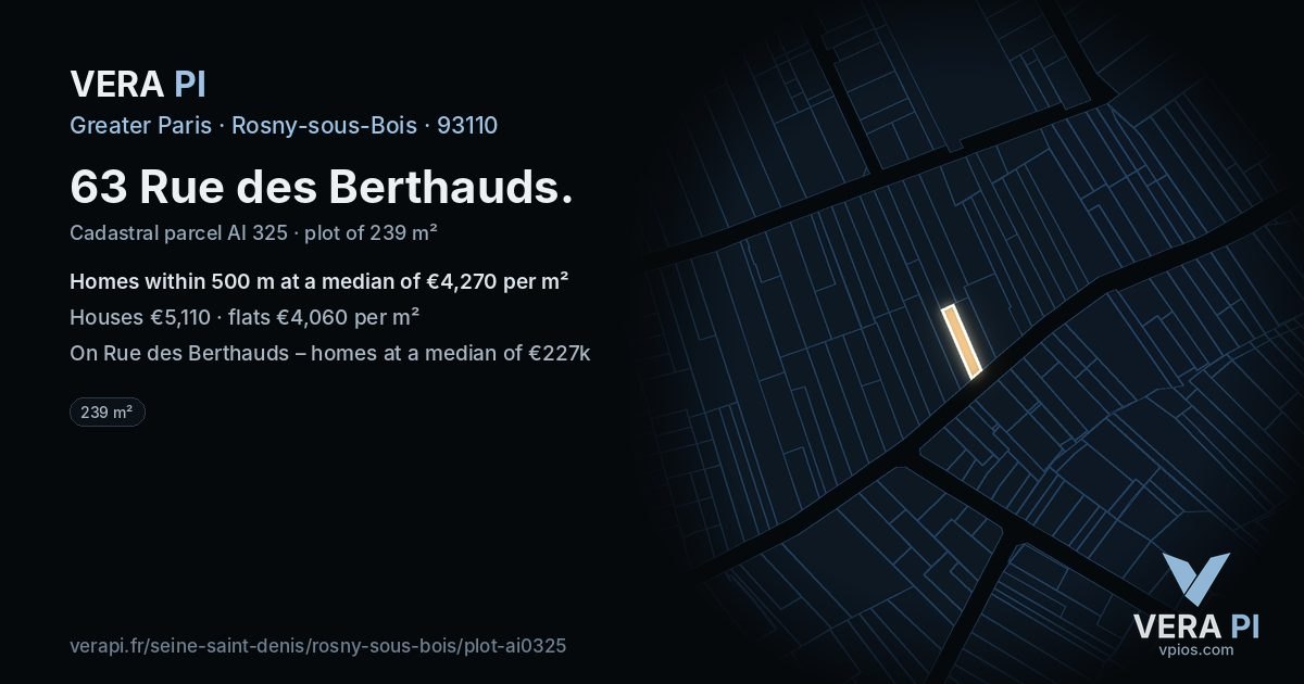 63 Rue des Berthauds, Rosny-sous-Bois at night – the plot lit, the parcels around coloured by the prices near them