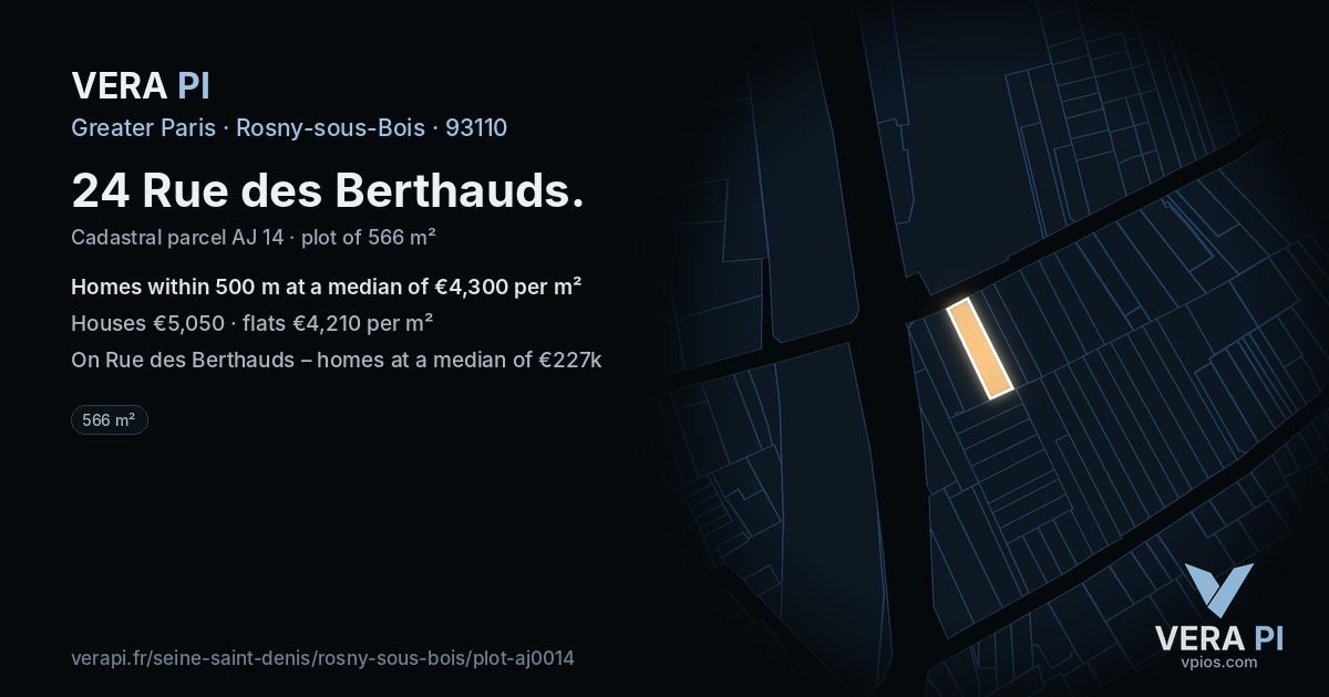 24 Rue des Berthauds, Rosny-sous-Bois at night – the plot lit, the parcels around coloured by the prices near them