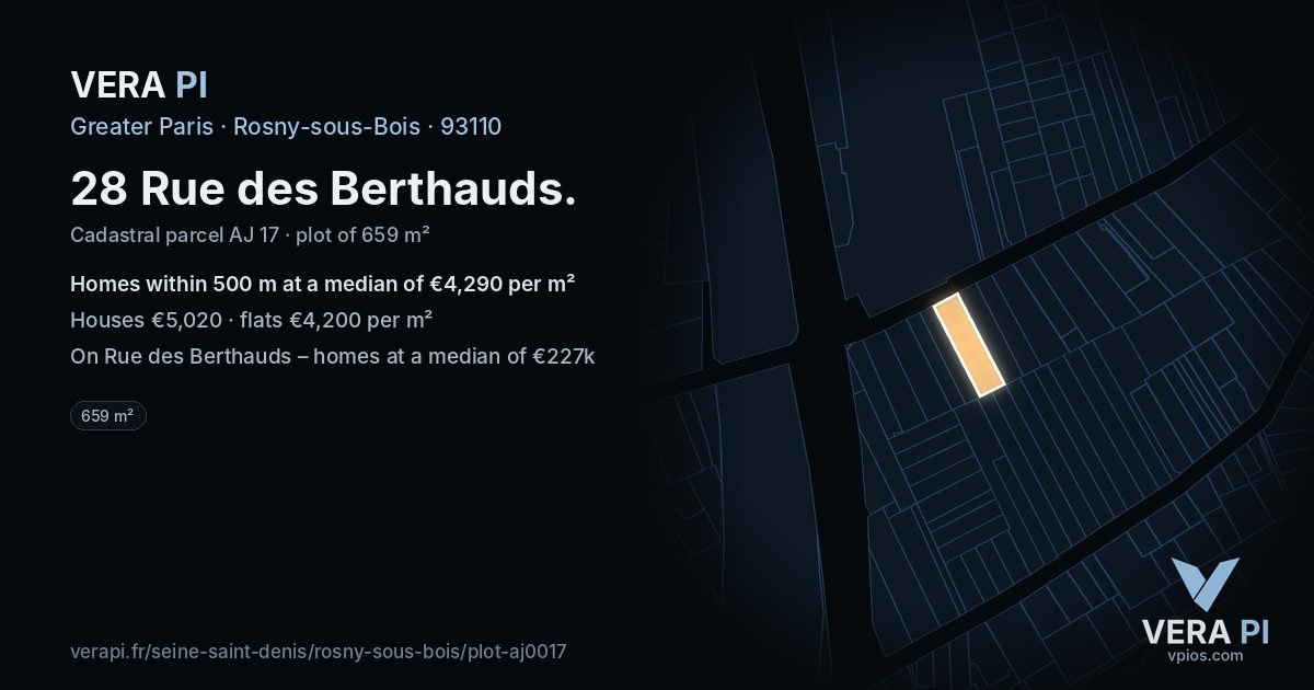 28 Rue des Berthauds, Rosny-sous-Bois at night – the plot lit, the parcels around coloured by the prices near them