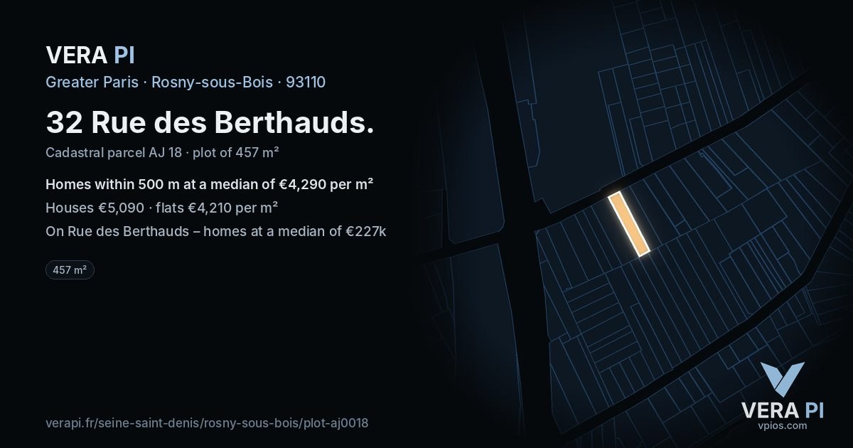 32 Rue des Berthauds, Rosny-sous-Bois at night – the plot lit, the parcels around coloured by the prices near them