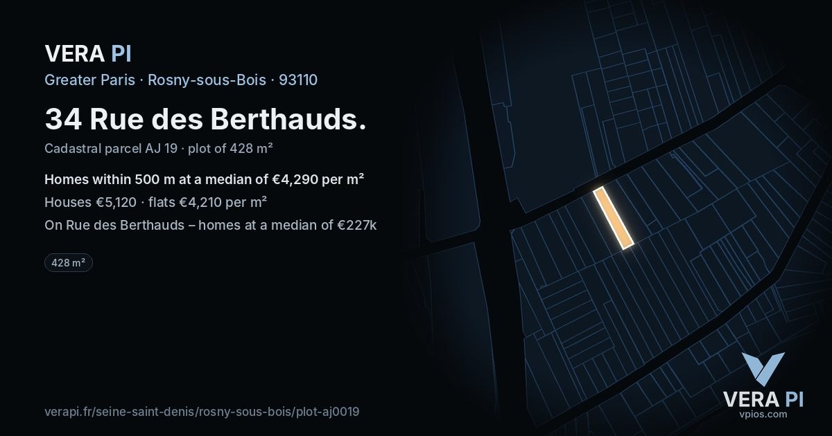 34 Rue des Berthauds, Rosny-sous-Bois at night – the plot lit, the parcels around coloured by the prices near them
